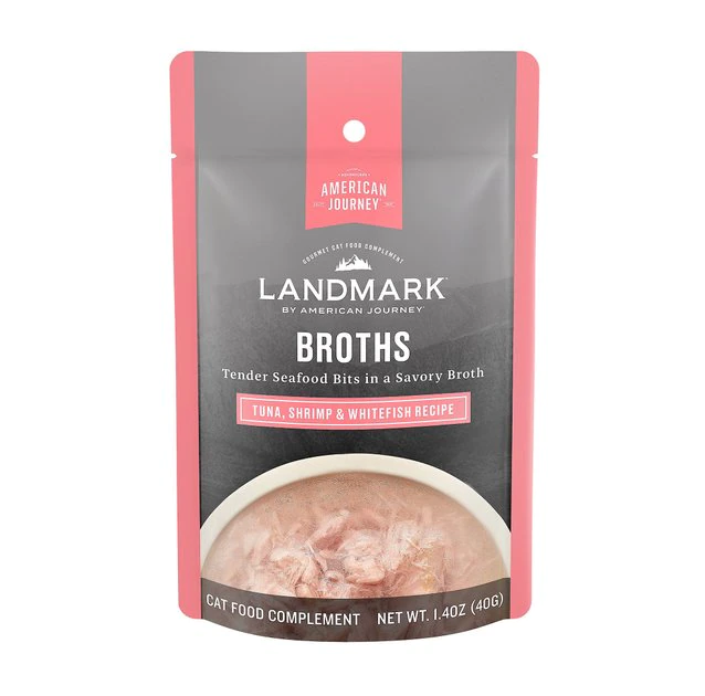 American Journey Landmark Broths Tuna, Shrimp & Whitefish Recipe Wet Cat Food Complement Pouches, 1.4 oz case of 16 3 American Journey Landmark Broths Tuna, Shrimp & Whitefish Recipe Wet Cat Food Complement Pouches, 1.4 oz case of 16