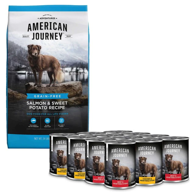 American Journey Salmon & Sweet Potato Recipe Grain-Free Dry Food, 24-lb bag + Stews Poultry & Beef Grain-Free Canned Dog Food 3 American Journey Salmon & Sweet Potato Recipe Grain-Free Dry Food, 24-lb bag + Stews Poultry & Beef Grain-Free Canned Dog Food