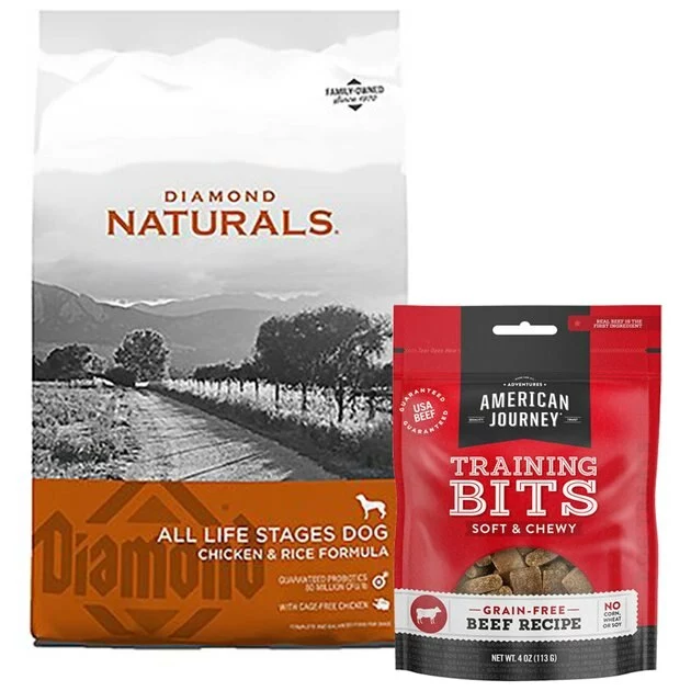 Diamond||American Journey Diamond Naturals Chicken & Rice Formula All Life Stages Dry Food + American Journey Beef Recipe Grain-Free Soft & Chewy Training Bits Dog Treats 3 Diamond||American Journey Diamond Naturals Chicken & Rice Formula All Life Stages Dry Food + American Journey Beef Recipe Grain-Free Soft & Chewy Training Bits Dog Treats