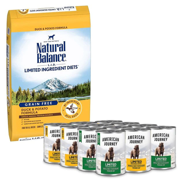 Natural Balance||American Journey Natural Balance L.I.D. Limited Ingredient Diets Grain-Free Duck & Potato Formula Dry Food + American Journey Limited Ingredient Poultry Grain-Free Canned Dog Food 3 Natural Balance||American Journey Natural Balance L.I.D. Limited Ingredient Diets Grain-Free Duck & Potato Formula Dry Food + American Journey Limited Ingredient Poultry Grain-Free Canned Dog Food