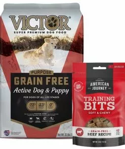 VICTOR||American Journey VICTOR Purpose Active Dog & Puppy Formula Grain-Free Dry Food + American Journey Beef Recipe Grain-Free Soft & Chewy Training Bits Dog Treats