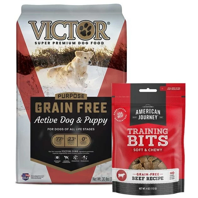VICTOR||American Journey VICTOR Purpose Active Dog & Puppy Formula Grain-Free Dry Food + American Journey Beef Recipe Grain-Free Soft & Chewy Training Bits Dog Treats 3 VICTOR||American Journey VICTOR Purpose Active Dog & Puppy Formula Grain-Free Dry Food + American Journey Beef Recipe Grain-Free Soft & Chewy Training Bits Dog Treats