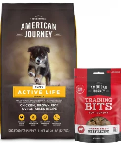 American Journey Active Life Formula Puppy Chicken, Brown Rice & Vegetables Recipe Dog Food, 28-lb bag + American Journey Beef Recipe Grain-Free Soft & Chewy Training Bits Dog Treats, 4-oz bag