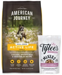 American Journey||Tylee's American Journey Active Life Formula Small Breed Chicken, Brown Rice & Vegetables Recipe Adult Dry Dog Food, 14-lb bag + Tylee's Freeze-Dried Mixers for Dogs, Chicken & Salmon Recipe, 18oz