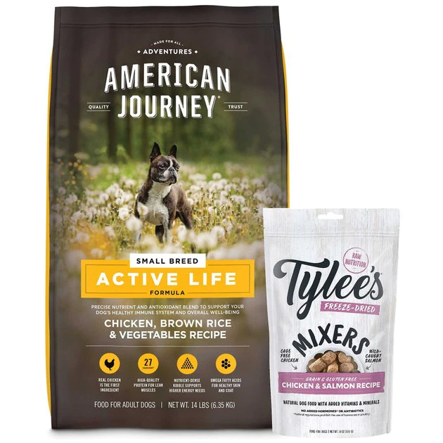 American Journey||Tylee's American Journey Active Life Formula Small Breed Chicken, Brown Rice & Vegetables Recipe Adult Dry Dog Food, 14-lb bag + Tylee's Freeze-Dried Mixers for Dogs, Chicken & Salmon Recipe, 18oz 3 American Journey||Tylee's American Journey Active Life Formula Small Breed Chicken, Brown Rice & Vegetables Recipe Adult Dry Dog Food, 14-lb bag + Tylee's Freeze-Dried Mixers for Dogs, Chicken & Salmon Recipe, 18oz
