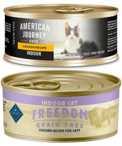American Journey||Blue Buffalo American Journey Indoor Pate Chicken Recipe Grain-Free Canned Cat Food, 5.5-oz, case of 24 + Blue Buffalo Freedom Indoor Adult Chicken Recipe Grain-Free Canned Cat Food, 5.5-oz, case of 24