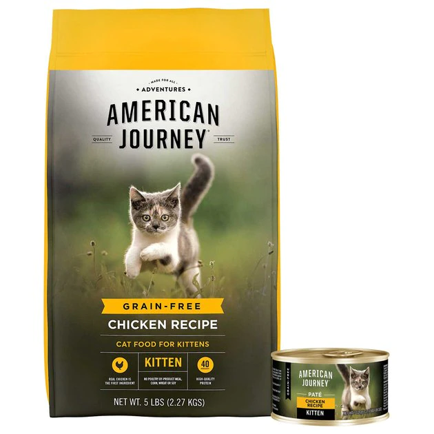 American Journey Kitten Chicken Recipe Grain-Free Dry Cat Food, 5-lb bag + American Journey Kitten Pate Chicken Recipe Grain-Free Canned Cat Food, 3-oz, case of 24 3 American Journey Kitten Chicken Recipe Grain-Free Dry Cat Food, 5-lb bag + American Journey Kitten Pate Chicken Recipe Grain-Free Canned Cat Food, 3-oz, case of 24