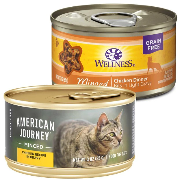 American Journey||Wellness American Journey Minced Chicken Recipe in Gravy Grain-Free Canned Cat Food, 3-oz, case of 24 + Wellness Minced Chicken Dinner Grain-Free Canned Cat Food, 3-oz, case of 24 3 American Journey||Wellness American Journey Minced Chicken Recipe in Gravy Grain-Free Canned Cat Food, 3-oz, case of 24 + Wellness Minced Chicken Dinner Grain-Free Canned Cat Food, 3-oz, case of 24