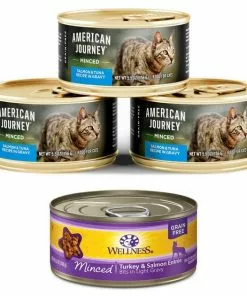 American Journey||Wellness American Journey Minced Salmon & Tuna Recipe in Gravy Grain-Free Canned Cat Food, 5.5-oz, case of 24 + Wellness Minced Turkey & Salmon Entree Grain-Free Canned Cat Food, 5.5-oz, case of 24