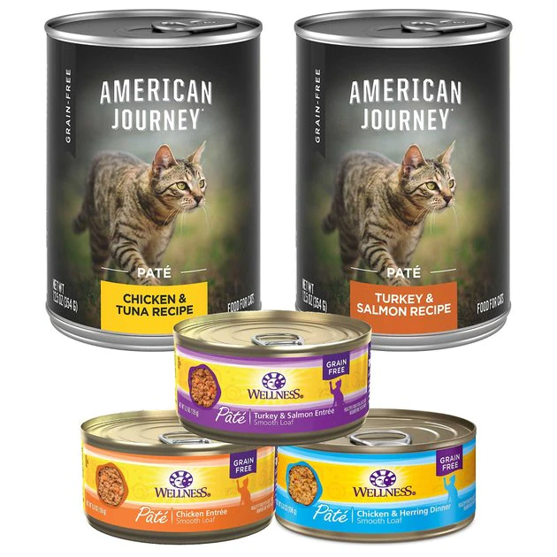 American Journey||Wellness American Journey Pate Poultry & Seafood Variety Pack Grain-Free Canned Cat Food, 12.5-oz, case of 12 + Wellness Complete Health Poultry Lovers Pate Variety Pack Grain-Free Canned Cat Food, 5.5-oz, case of 30 3 American Journey||Wellness American Journey Pate Poultry & Seafood Variety Pack Grain-Free Canned Cat Food, 12.5-oz, case of 12 + Wellness Complete Health Poultry Lovers Pate Variety Pack Grain-Free Canned Cat Food, 5.5-oz, case of 30
