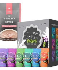 Tiki Cat||American Journey Tiki Cat Velvet Mousse Variety Pack Grain-Free Wet Cat Food, 2.8-oz pouch, case of 12 + American Journey Landmark Broths Tuna, Shrimp and Whitefish Recipe Wet Cat Food Complement Pouches, 1.4 oz case of 16