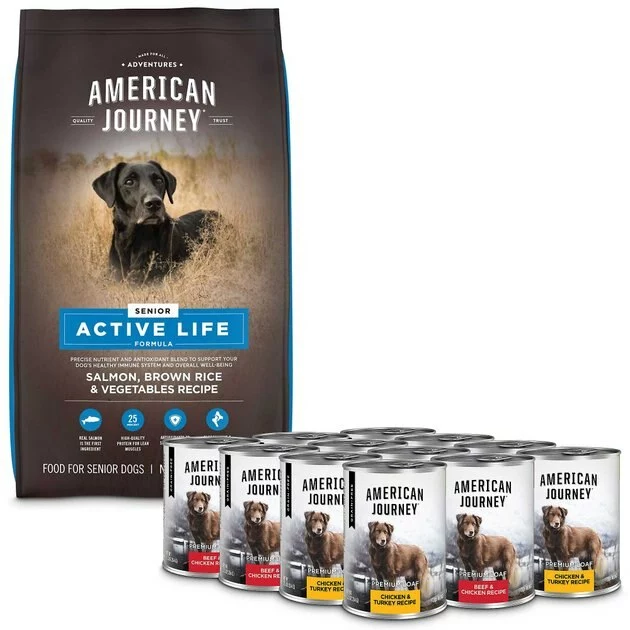 American Journey Active Life Formula Senior Salmon, Brown Rice & Vegetables Recipe Dry Food + Poultry & Beef Variety Pack Grain-Free Canned Dog Food 3 American Journey Active Life Formula Senior Salmon, Brown Rice & Vegetables Recipe Dry Food + Poultry & Beef Variety Pack Grain-Free Canned Dog Food