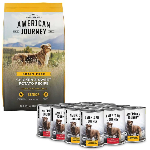 American Journey Senior Chicken & Sweet Potato Recipe Grain-Free Dry Food + Poultry & Beef Variety Pack Grain-Free Canned Dog Food 3 American Journey Senior Chicken & Sweet Potato Recipe Grain-Free Dry Food + Poultry & Beef Variety Pack Grain-Free Canned Dog Food
