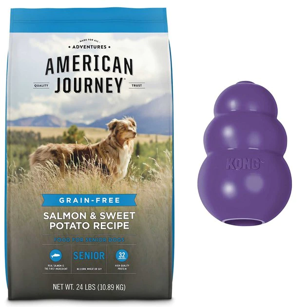 American Journey||KONG American Journey Senior Salmon & Sweet Potato Recipe Grain-Free Dry Food + KONG Senior Dog Toy, Large 3 American Journey||KONG American Journey Senior Salmon & Sweet Potato Recipe Grain-Free Dry Food + KONG Senior Dog Toy, Large