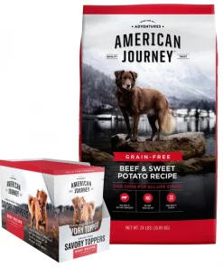 American Journey Savory Toppers Beef Recipe in Gravy Grain-Free Dog Food Topper + Beef & Sweet Potato Recipe Grain-Free Dry Food